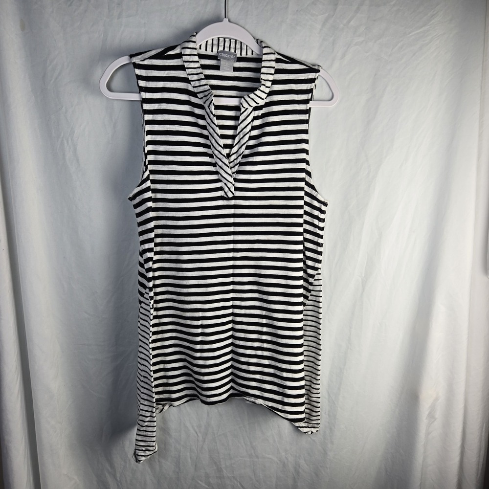 Chicos Black White Striped Sharkbite Hem Tank Top Womens Large Nautical Coastal